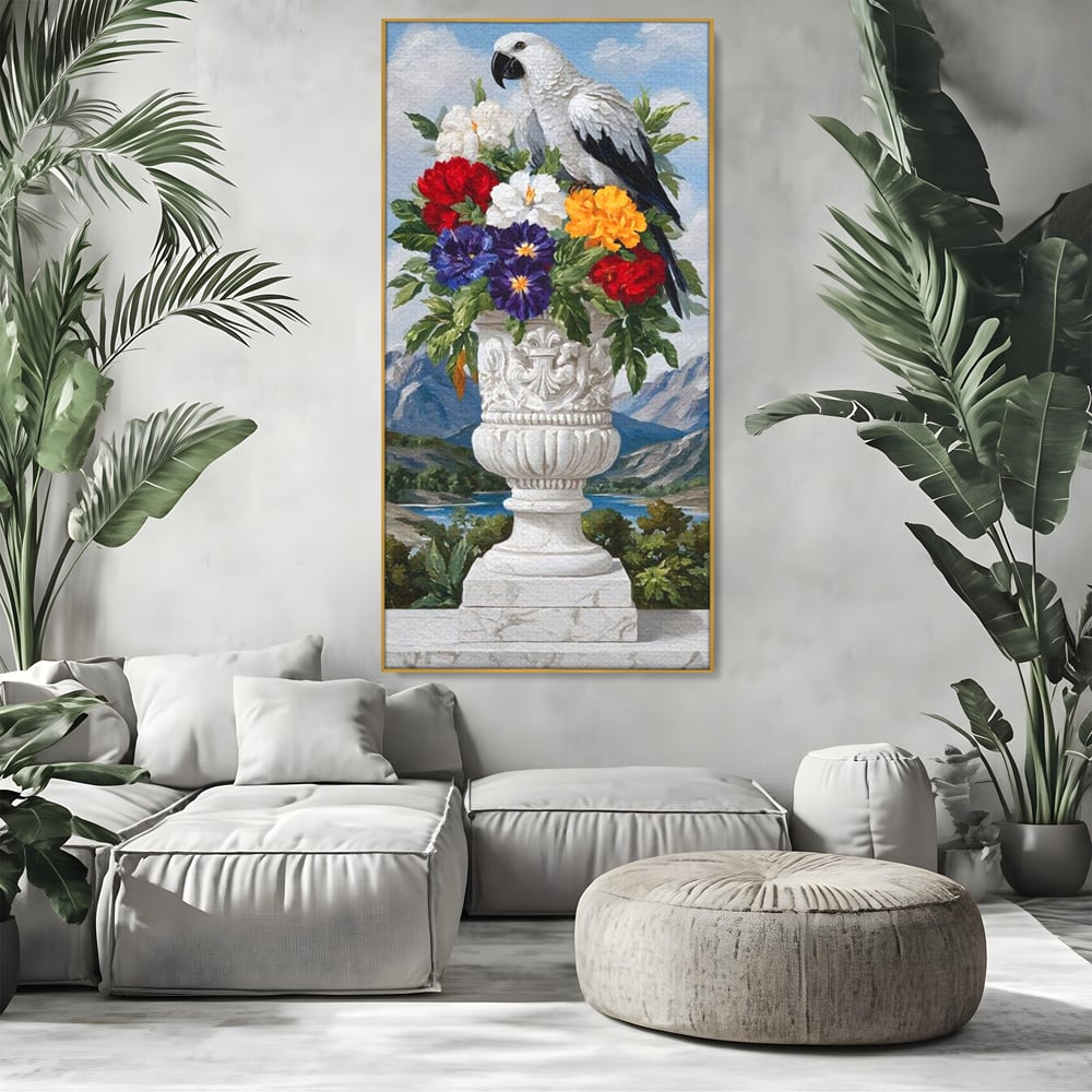 Tablou canvas cu tablou canvas cu papagal si vaza cu flori, in rama de aluminiu auriu, pe perete intr-un living